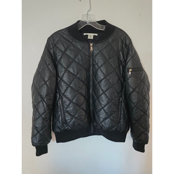 Max Studio Womens  Vegan Leather Jacket Black Quilted Bomber Classic Sz L - Picture 2 of 8